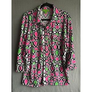 Island Republic Blouse Women XL Multicolor Button Up Pockets Roll Tab Casual